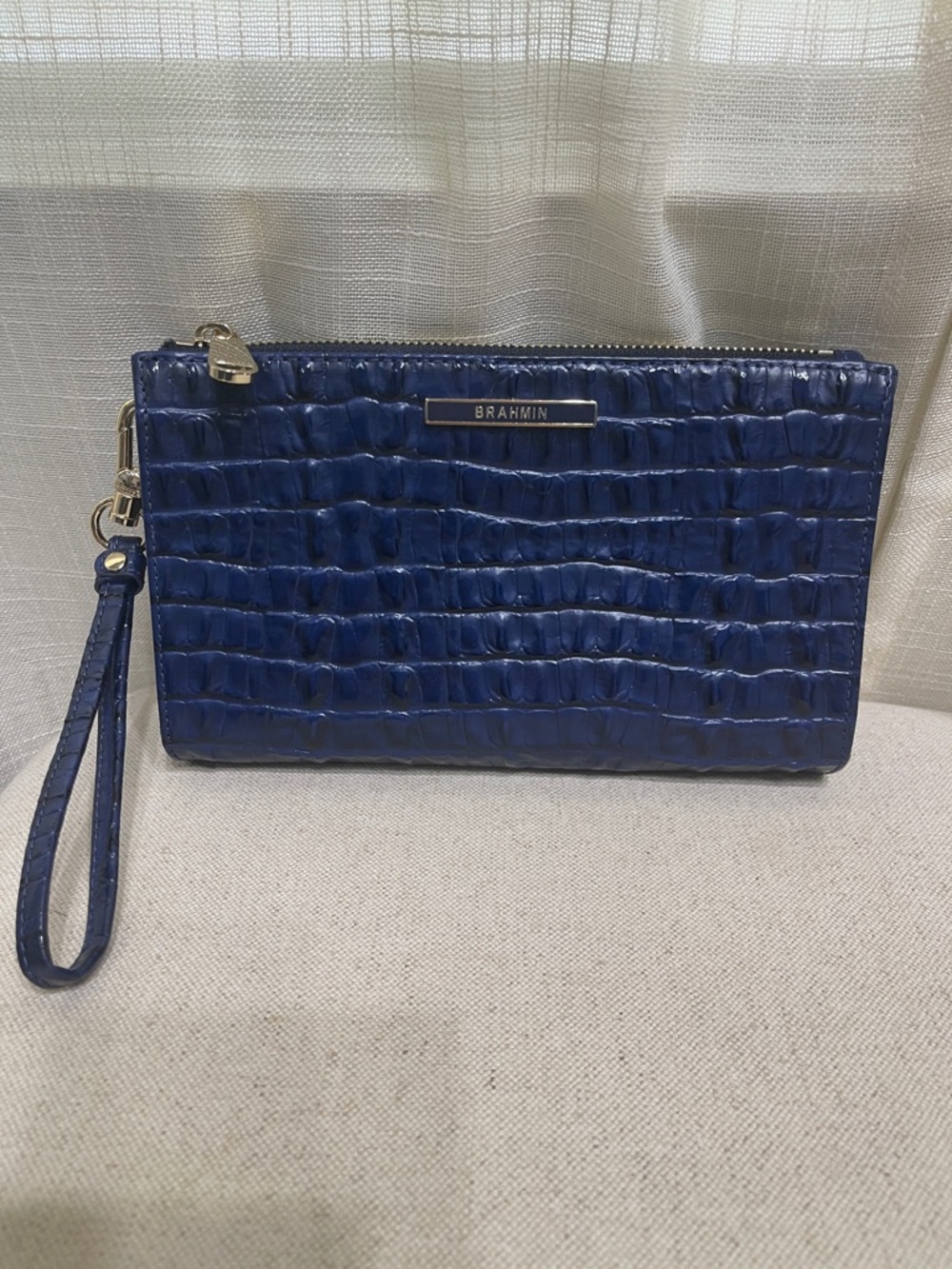 Brahmin Deep Blue Croc-Embossed Wristlet with Gold Accents
